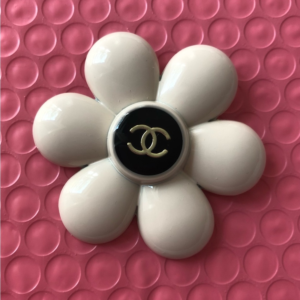 White Camellia Flower Pin with Black and Gold Center